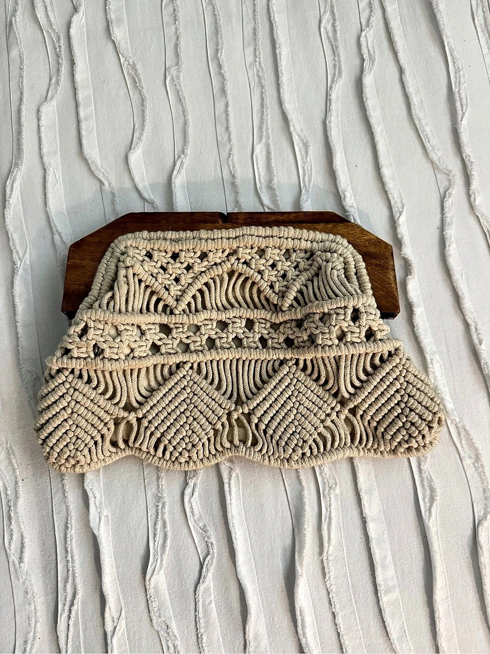 Macramé Frame Clutch in Brown & Beige